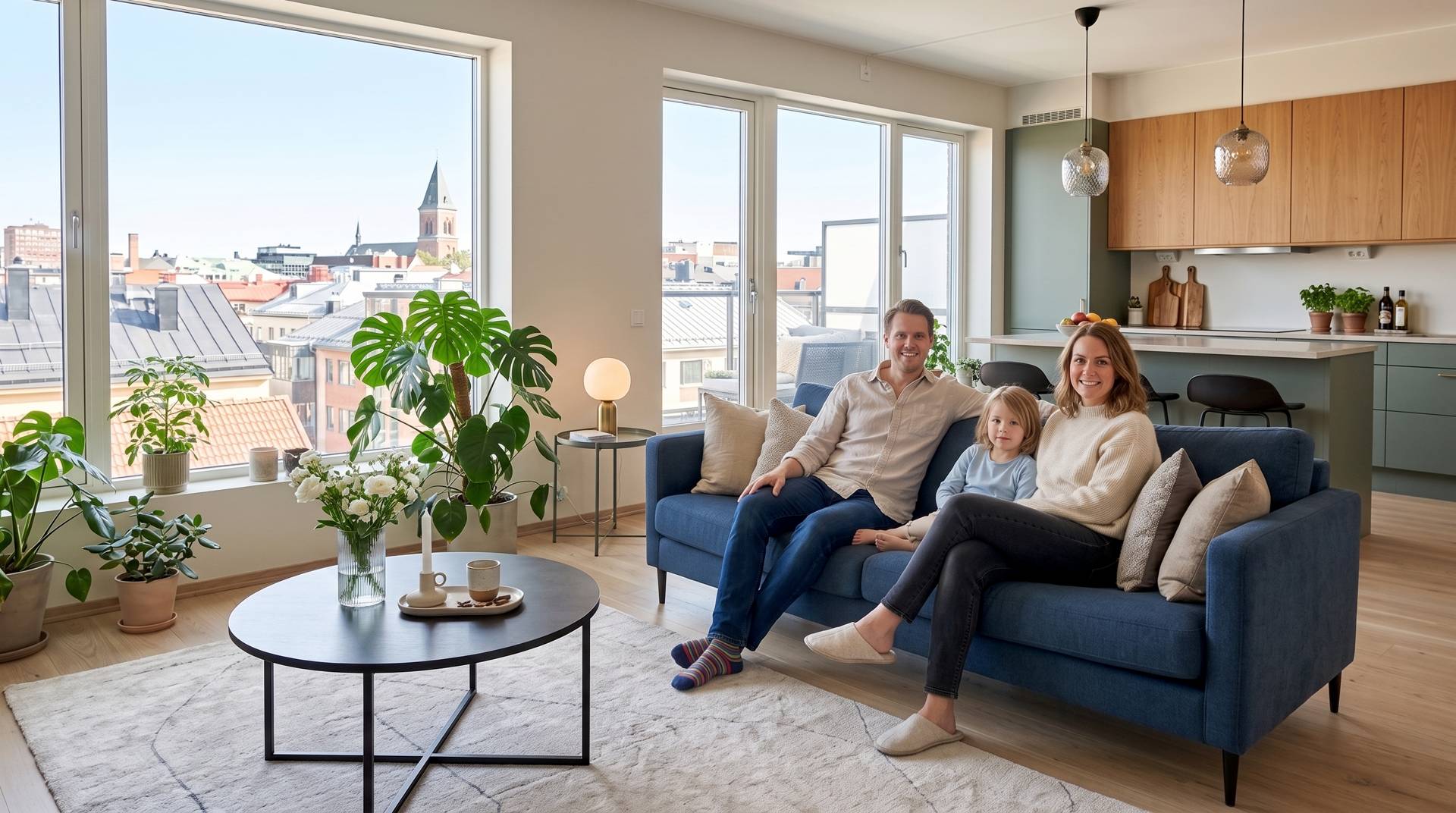 En familj kopplar av i ett ljust vardagsrum med blå soffa och öppet kök